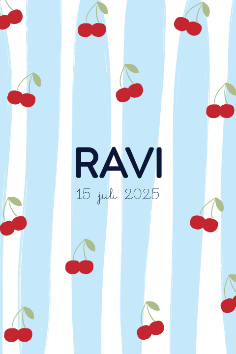 Geboortekaartje kersen streepjes blauw