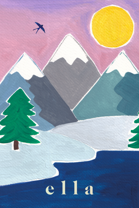 Geboortekaartje zon bergen gouache