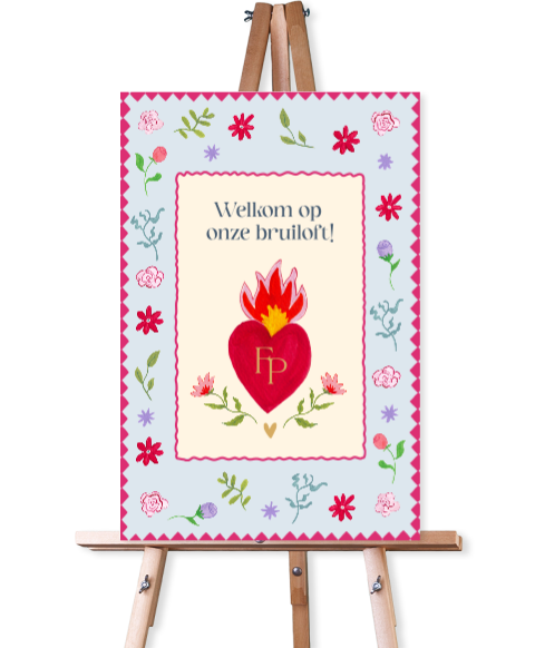 Welkomstbord boho hart bloemen takjes Femke Pieter