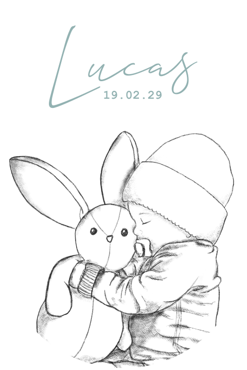 Geboortekaartje met tekening van een baby met knuffel