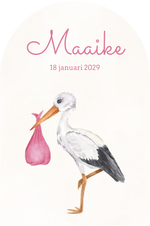 Geboortekaartje met ronde boog vorm en ooievaar roze