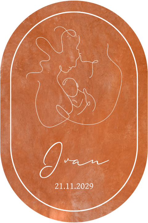 Ovaal geboortekaartje met familie lijntekening terracotta