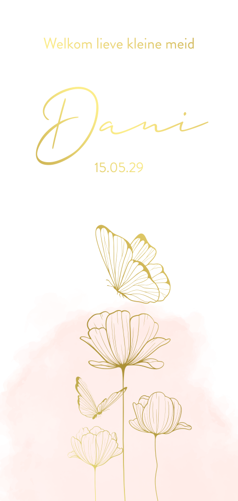 Romantisch geboortekaartje met fijne tekening van bloemen en vlinder