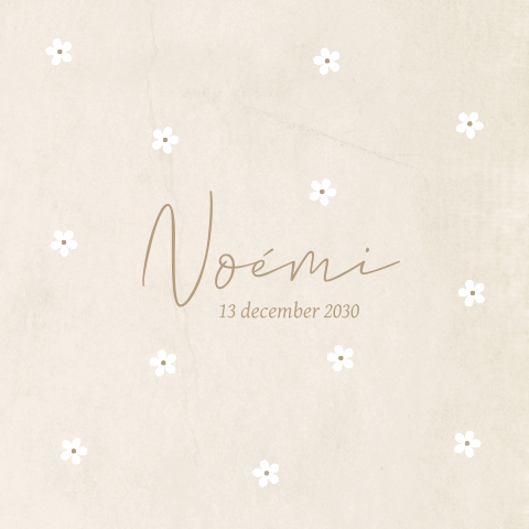 Geboortekaartje beige met witte bloemen