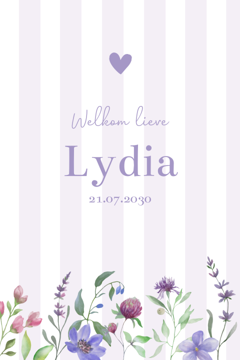 Geboortekaartje lila strepen met bloemen