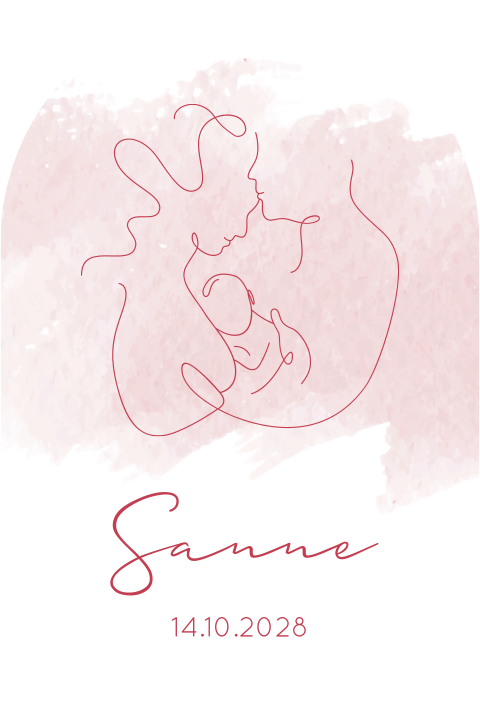 Geboortekaartje lijntekening vader moeder en baby roze