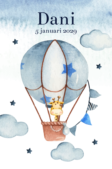Geboortekaartje giraf in blauwe luchtballon