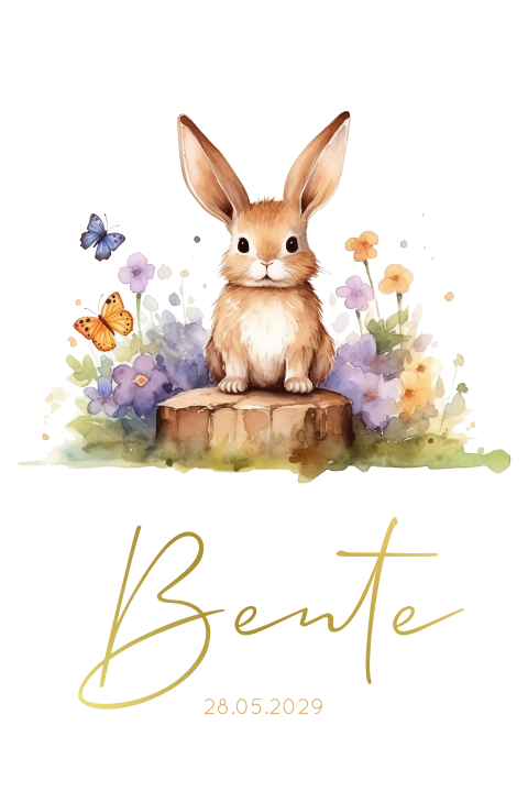 Geboortekaartje lief konijntje tussen de bloemen