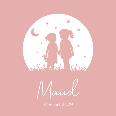 Roze geboortekaartje met silhouet van twee meisjes
