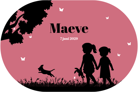 Silhouet geboortekaartje met twee zussen in het gras roze