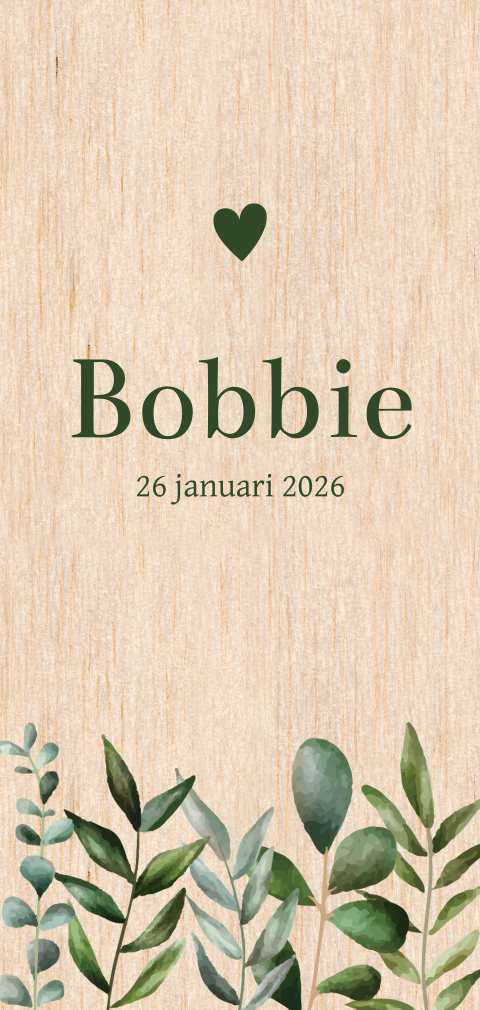 Geboortekaartje hout met waterverf takjes
