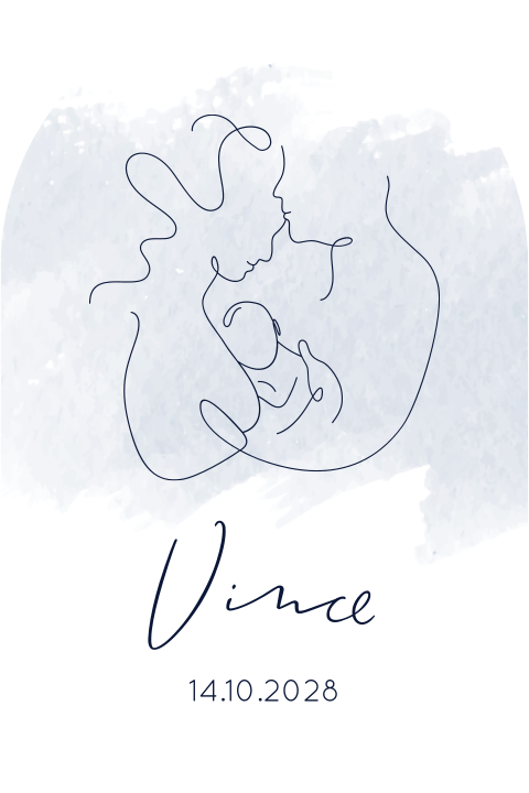 Geboortekaartje lijntekening vader moeder en baby blauw