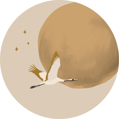 Behangcirkel prachtige kraanvogel vliegend vollemaan beige zandkleuren