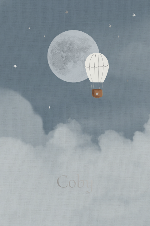 Geboortekaartje aquarel luchtballon vollemaan wolken zilverfolie