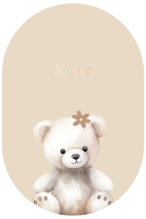 Ovaal minimalistisch geboortekaartje lief knuffelbeertje rosegoudfolie
