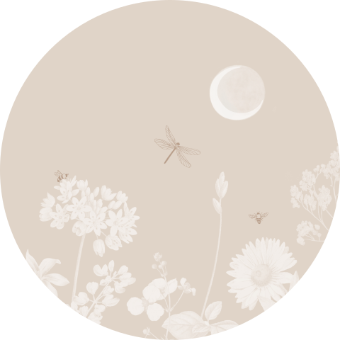 Behangcirkel 120cm lichte wilde bloemen bijtjes libelle maan beige