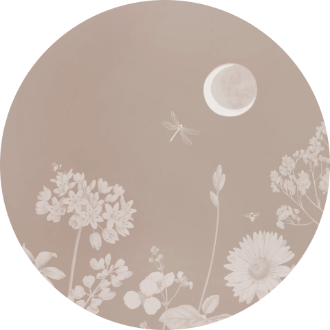 Behangcirkel 120cm wilde bloemen bijtjes libelle maan beige