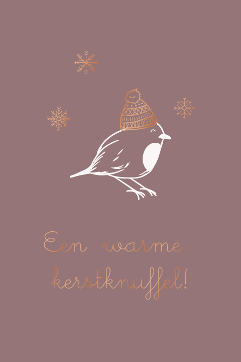 Kerstkaart met roosborstje muts en sneeuwvlokjes in koperfolie