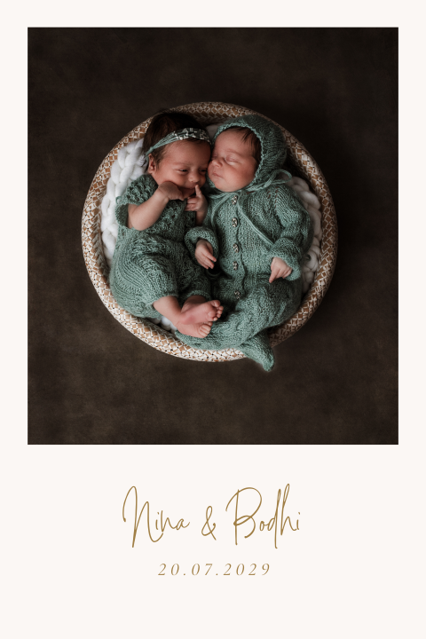 Leuk geboortekaartje tweeling polaroid foto beige baby