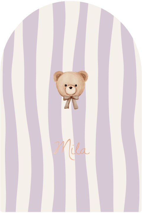 Geboortekaartje boogvorm strepen golvend teddybeertje lila