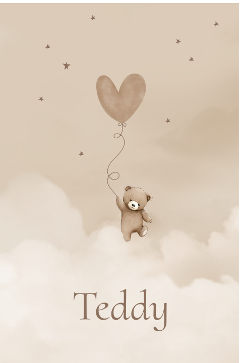 Raambord 40x60cm dubbel hartjesballon knuffelbeertje teddy wolken
