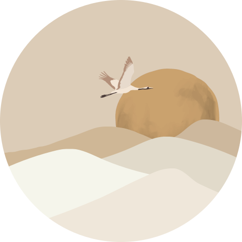Behangcirkel 120 cm kraanvogel vliegend landschap maan zandkleuren