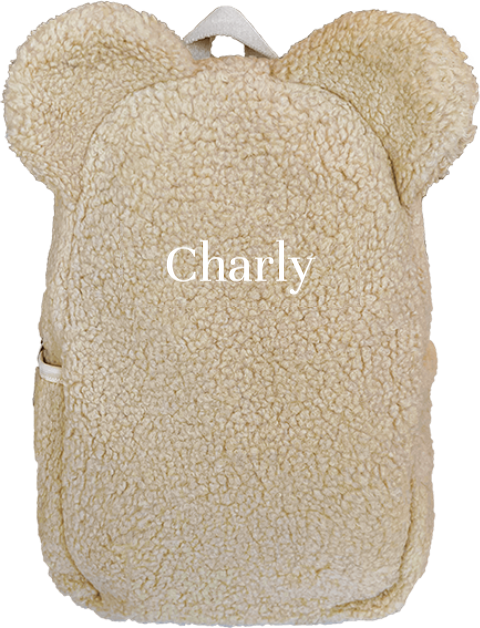 Teddystof rugzakje oortjes beige geborduurd personaliseren kraamkado