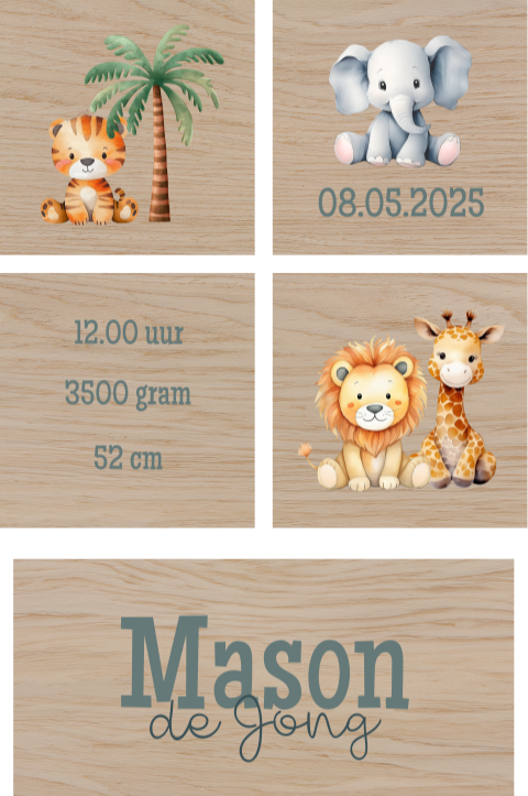 Houten blokken met geboortegegevens en jungledieren
