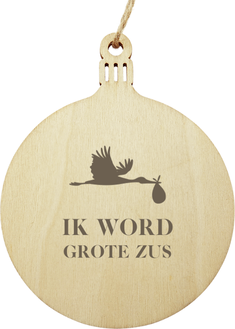 Houten kerstbal hanger met ooievaar en naam