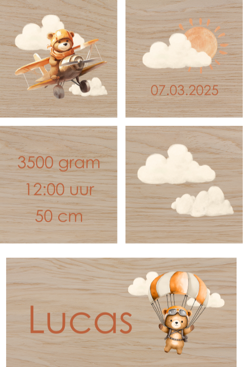 Houten blokken met beertje, zon, wolkjes en geboortegegevens