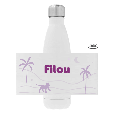 Drinkfles RVS met naam en paars silhouet van leeuwtje