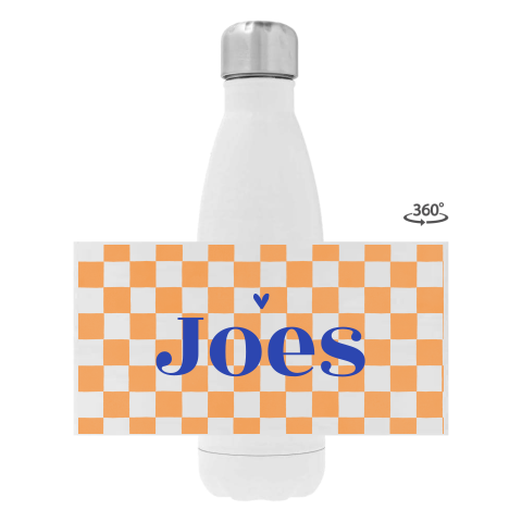 Drinkfles RVS met naam en colorblocking design in oranje/blauw