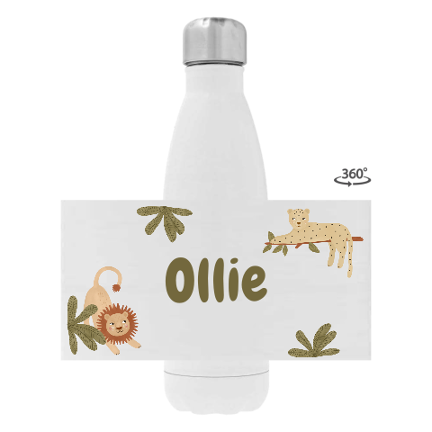 Drinkfles RVS met naam en dieren in de jungle