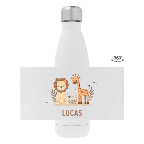 Drinkfles RVS met schattige giraf en leeuw en naam