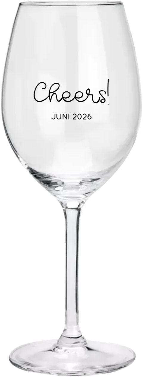 Wijnglas voor witte wijn met de tekst "Cheers!" en datum