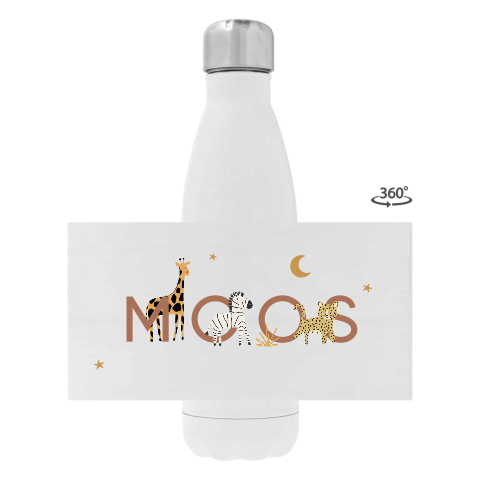 Drinkfles RVS met jungledieren, naam en sterretjes