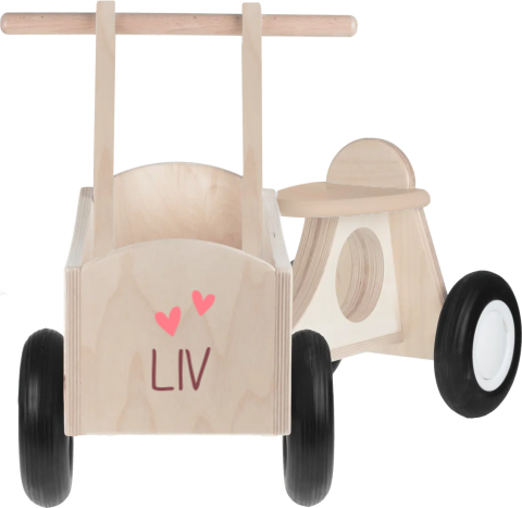 Houten bakfiets met hartjes en naam