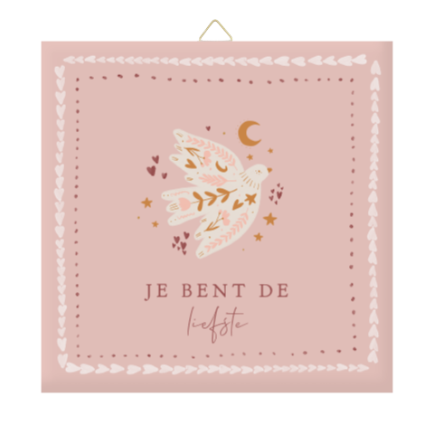 Moederdag tegeltje roze met vogel en hartjes