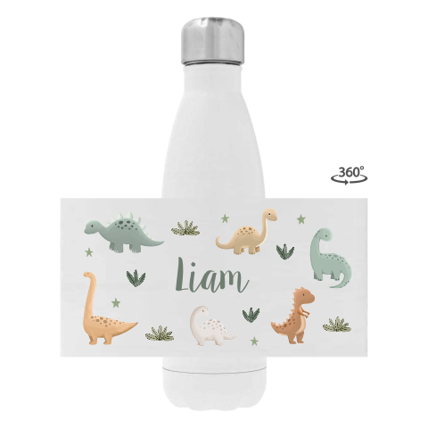 Drinkfles RVS met dino's, naam en kleine sterretjes