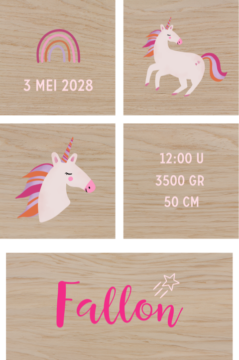 Houten blokken met unicorn en geboortegegevens