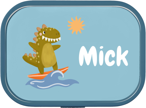 Mepal broodtrommel Campus met een dinosaurus op een surfplank