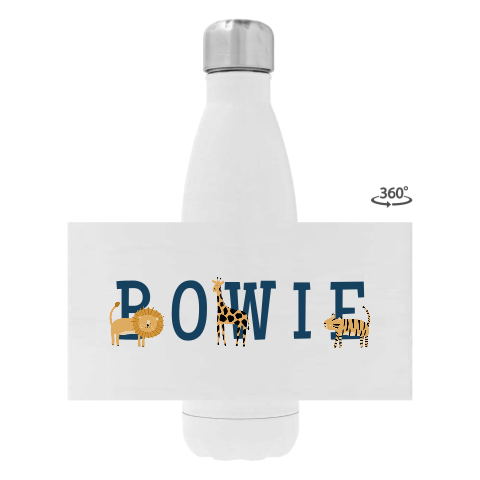 Drinkfles RVS met jungledieren en naam in een stoer lettertype