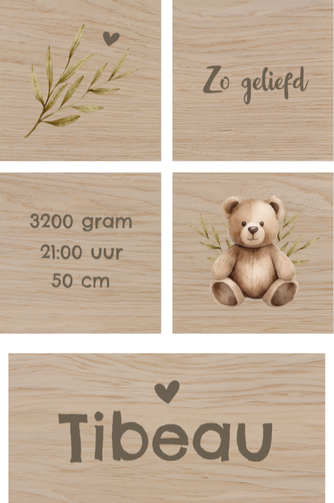 Houten blokken met beertje, bladeren en naam