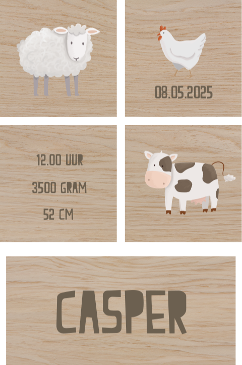 Houten blokken met geboortegegevens en boerderijdieren