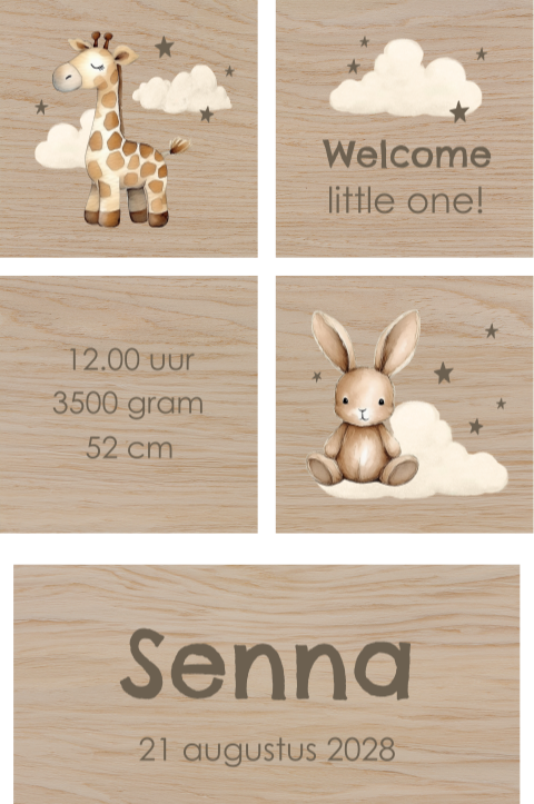 Houten blokken met giraffe, konijn en geboortegegevens