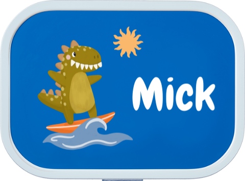 Mepal broodtrommel Campus met een dinosaurus op een surfplank