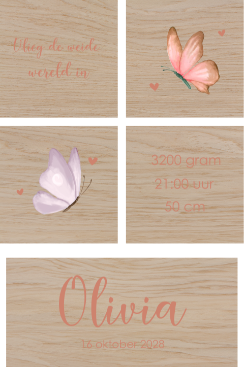 Houten blokken met vlinders en geboortegegevens