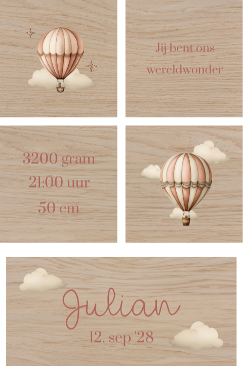 Houten blokken met luchtballonen en naam