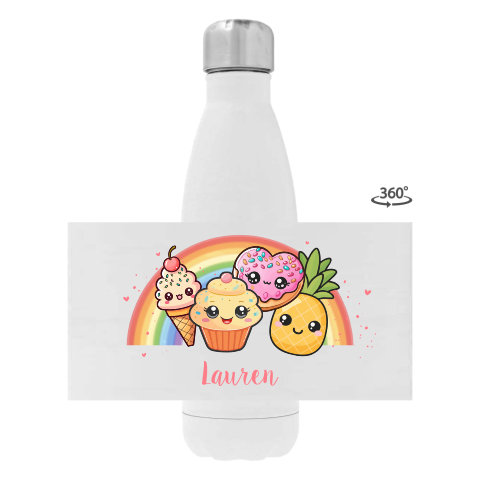 Drinkfles RVS met kawaii illustraties, regenboog en hartjes