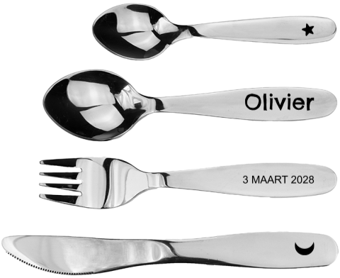 Stoer kinderbestek met naam, datum, ster en maan